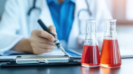 Laboratory technician analyzing fuel components with test tubes, showcasing focused and professional environment. vibrant colors of liquids highlight importance of precision in scientific work