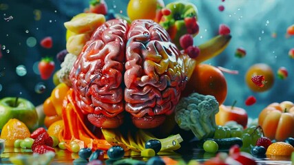 Aufkleber - A brain is surrounded by a variety of fruits and vegetables. The brain is surrounded by apples, oranges, bananas, strawberries, blueberries, and broccoli. Concept of the importance of a healthy diet