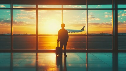 Aufkleber - Businessman is standing in an airport terminal, looking out the window at an airplane landing on the runway at sunset. The sun is setting in the background, casting a warm glow over the scene
