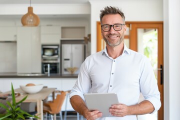 A cheerful businessman standing in a modern, bright office space while holding a tablet. His confident smile and casual yet professional attire create a welcoming and approachable atmosphere.