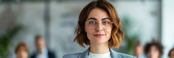 Confident professional woman in a business setting, wearing glasses and smiling softly, with colleagues blurred in the background.