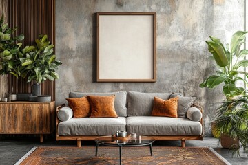 Interior design of modern living room interior with mock up poster frame, modern sofa, wooden sideboard, glass coffee table, rug, wall with stucco and, Generative AI