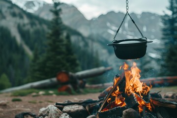Wall Mural - A cauldron hanging over a fire in front of picturesque mountain peaks. A camping scene with a cozy campfire and a serene mountain environment.