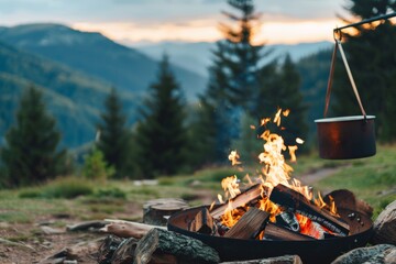 Wall Mural - A cauldron hanging over a fire in front of picturesque mountain peaks. A camping scene with a cozy campfire and a serene mountain environment.