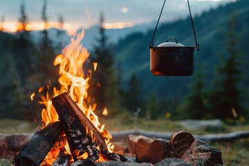 Wall Mural - A cauldron hanging over a fire in front of picturesque mountain peaks. A camping scene with a cozy campfire and a serene mountain environment.