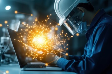 A focused engineer wearing a helmet and mask, working on a laptop, symbolizes innovation and technology in the industrial sector.