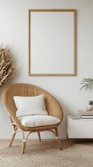 Interior design of white living room space with modern armchair, mock up poster frame, commode,  books, plants and personal accessories. Template. Home, Generative AI