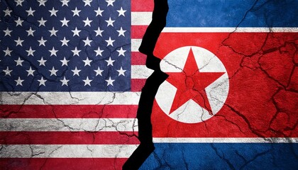 United States of America and North Korea flag painting on crack wall background. USA Vs North Korea, US Vs North Korea, diplomatic relationship between America and North Korea concept