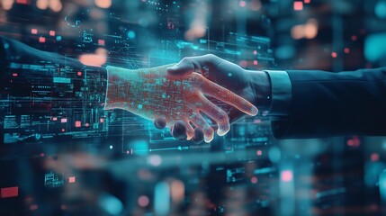 Entrepreneurs shaking hands over a business loan agreement, while digital holograms of their growing businesses float above them