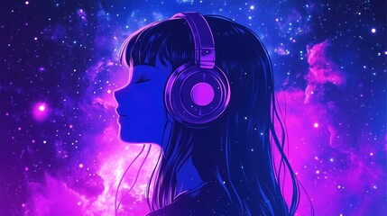 Girl with headphones in cosmic space, vibrant colors, dreamy atmosphere