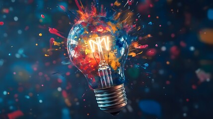 Wall Mural - a lightbulb exploding with colorful paint splashes