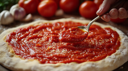 A hand holding a spoon, spreading tomato sauce on pizza dough. Food photography, with a background of fresh tomatoes and garlic.