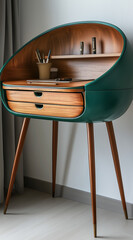 Design of an open teal desk with two drawers and one large rounded top,  made of wood and painted green, standing on wooden legs. It has a