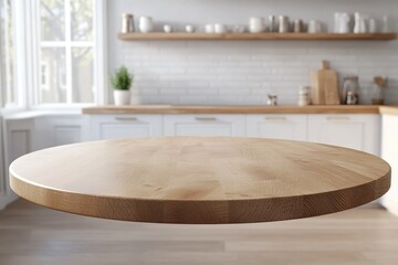 A round wooden table top isolated on a blurred background of a modern kitchen.