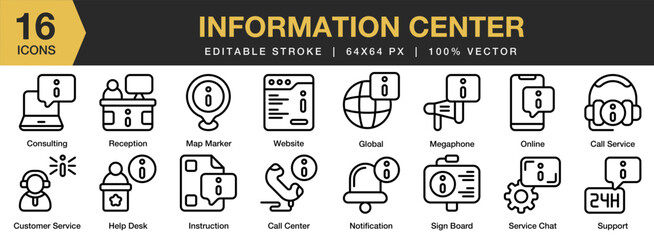 Wall Mural - Information Center icon set. Editable Stroke Icon Collection. Includes call center, call service, consulting, customer service, global, and More. Outline icons vector collection.