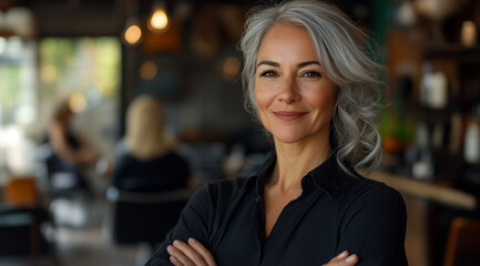 Portrait of a beautiful, smiling middle-aged hairdresser in a salon, with her arms crossed and looking at the camera. The woman is wearing a black shirt, and in the background, the