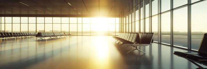 Aufkleber - Golden light is illuminating an empty airport terminal waiting area with rows of seats and large windows looking out onto the runway