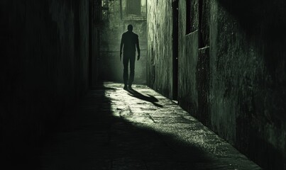 Sticker - Silhouette of a man walking in a dark alley.