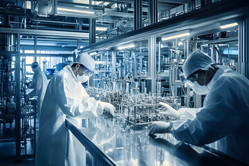 Poster - in a modern industrial facility, scientists and technicians work together on pharmaceutical and medi