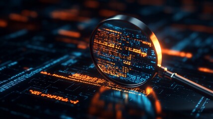 Poster - The abstract technology environment depicted in this image features a magnifying glass, which is focused on a document that illustrates a detailed concept of IT Security Risk Assessment.