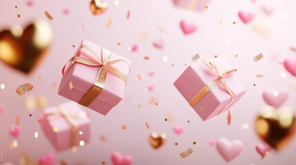 Two red gift boxes with golden ribbons and bows are filled with a golden heart in the middle.