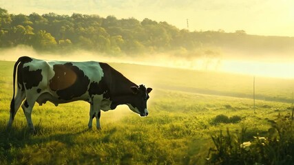 Poster - A cow is grazing in a field of grass