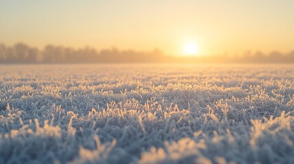 Aufkleber - A close-up view of a field covered in frost. The sun is setting behind a line of trees in the distance, creating a warm, golden glow over the landscape. The frost on the grass sparkles in the light.