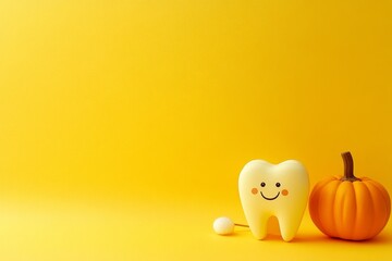 Poster - The illustration shows a tooth figurine and dental tools on yellow background with pumpkins and a broom nearby.