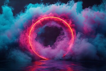 Wall Mural - In the middle of a red and blue circle is a ring of smoke that is orange and blue