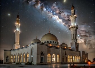 Mosque with Dome and Minarets, Islamic Historical Masjid Sunset Day and Night Drone Photography