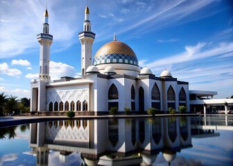 Mosque with Dome and Minarets, Islamic Historical Masjid Sunset Day and Night Drone Photography