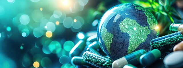 Wall Mural - a globe Earth with green plants and cosmic background, possibly representing life on other planets.