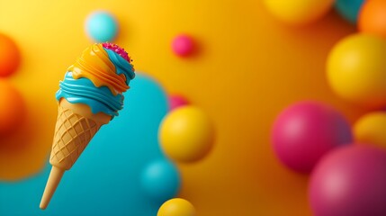 A vibrant and playful ice cream packaging design, featuring illustrations and bright colors, isolated on white background