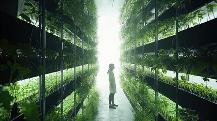 Woman Standing Between Two Vertical Gardens in a Modern Building