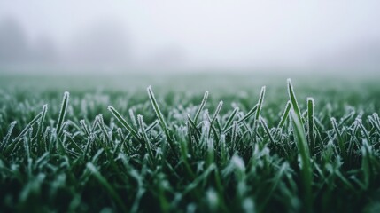 Aufkleber - Frost delicately blankets the grass in a peaceful field, creating a serene winter landscape under a misty sky at dawn. The tranquil atmosphere captures the stillness of an early morning.