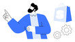 © robu_s - Businessman pointing with finger, blue shopping bag, gray gears. Ideal for business presentations, e-commerce, marketing, online shopping, tech solutions. Modern flat vector style