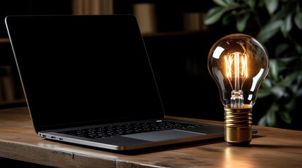 Innovative workspace with glowing light bulb and laptop for creative inspiration