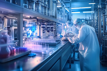 Poster - in a modern industrial facility, scientists and technicians work together on pharmaceutical and medi