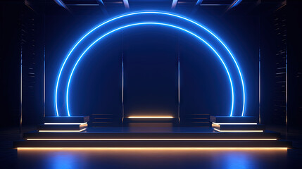Poster - Neon arc in blue lights room. Abstract background for product display.