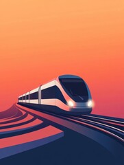 Poster - The sleek train icon glides effortlessly along curved tracks, illuminated by the warm colors of a sunset horizon. Generative AI