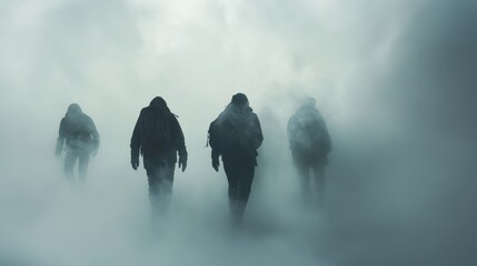 Wall Mural - a group of people walking through a foggy field