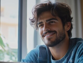 Man Looking Out of Window with Smiling Expression