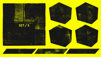 Poster - Linocut geometric figures relief printing set. Square, six-cornered polygon hexagones, stripes rough textured shapes collection. Text frames, hand drawn backgrounds. Lino ink grungy graphic elements.