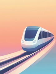 Poster - A sleek train moves gracefully along a winding rail track, painted in vibrant colors against a soft sunset backdrop. Generative AI