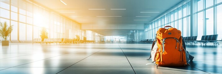 Poster - Brightly colored backpack sits alone in the middle of an empty airport terminal. Waiting to be claimed by its owner. The sun is shining through the windows. Creating a warm and inviting atmosphere
