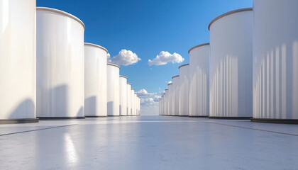 A wide view of industrial storage tanks against a clear blue sky, reflecting a modern infrastructure environment.