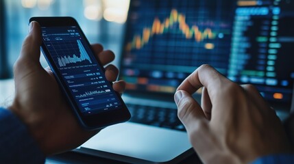 Poster - Mobile Market Analysis with Financial Graphs. Person analyzes financial data on smartphone while reviewing market trends on laptop screen, illustrating of technology in investment strategies.