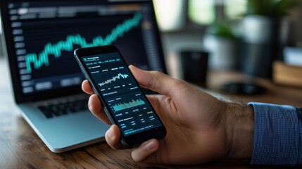 Poster - Financial Data Analysis on Smartphone and Laptop Screen. Professional analyzing financial data on smartphone while observing growth trends on laptop screen, Business technology & finance strategies.