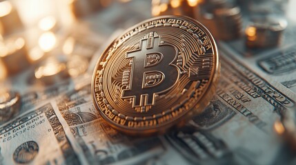 Poster - Bitcoin on Dollar Bills in Financial Marketing Concept. Bitcoin coin resting on dollar bills represents the intersection of cryptocurrency & traditional finance, highlighting investment opportunities