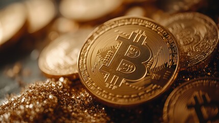 Poster - Bitcoin Coins on Golden Background for Marketing Use. Bitcoin coins resting on a golden surface, perfect for financial marketing or investment themes in digital currency and cryptocurrency sectors.